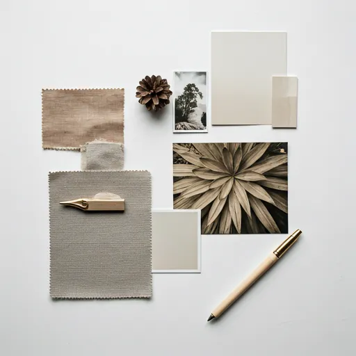 Moodboard estético com amostras de tecido, referências fotográficas e paleta de cores neutras